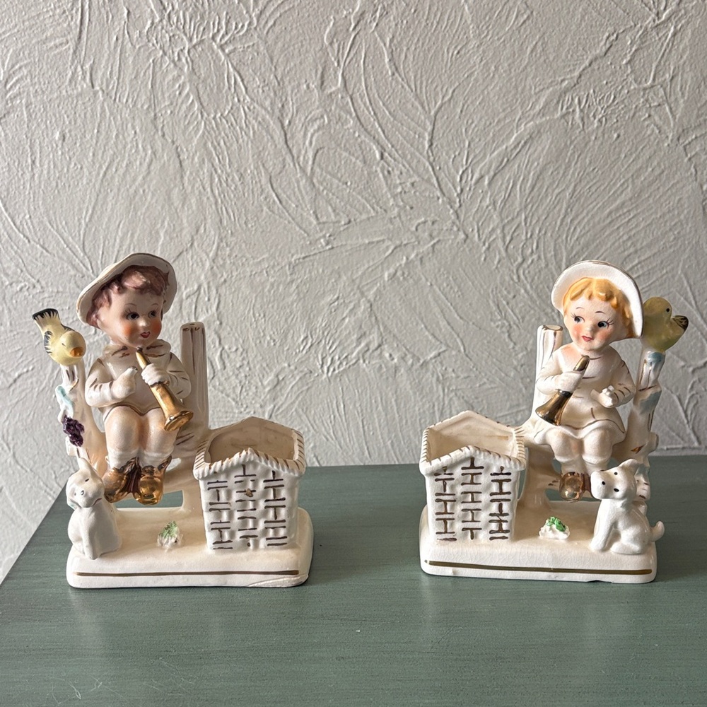 Vintage Japan Porcelain Children Figurine Planters- Cream, Gold, Pastel